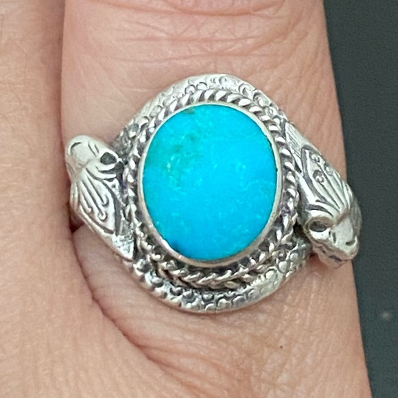 Vintage 925 Sterling Silver Turquoise Double Head Snake Southwestern Ring Size 9 - Picture 16 of 16